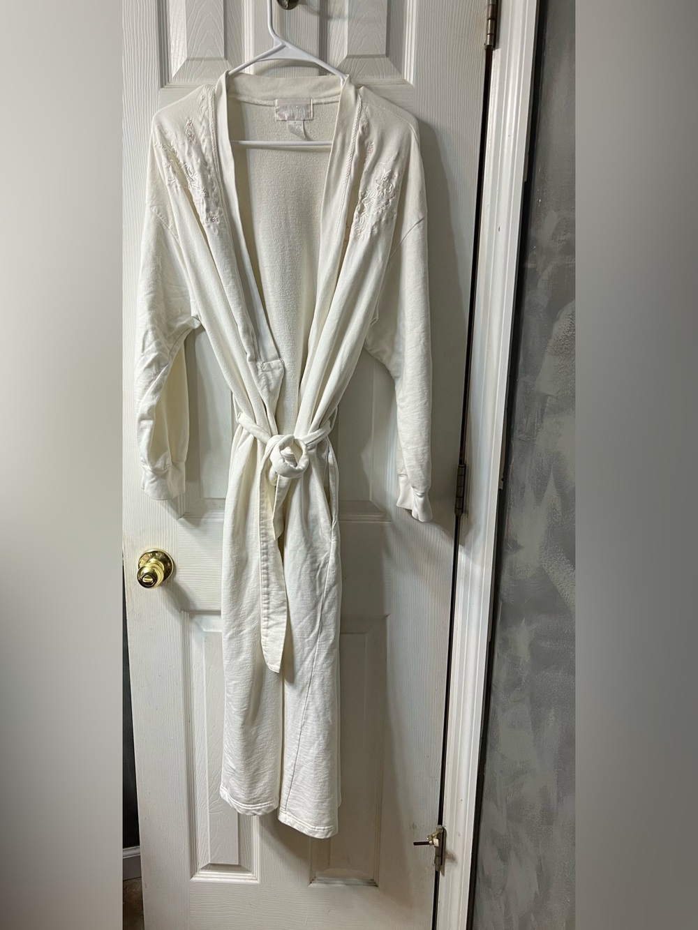 Vintage 80s Aria 100% Cotton Knit Wrap Robe Embroidered Floral, Pockets Womens M - Picture 2 of 7